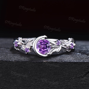 Nature Inspired Round Amethyst Engagement Ring Natural Purple Crystal 5mm Moon Star Design Amethyst Wedding Ring February Birthstone Gifts