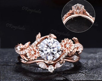 Tulip Set 1CT Round Cut Moissanite Engagement Ring Set 10K Rose Gold Vine Tulip Setting Ring Handcrafted Daisy Floral Diamond Ring for Her