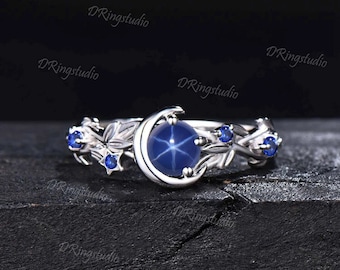 5mm Round Star Sapphire Engagement Ring Nature Inspired Leaf Branch Blue Sapphire Wedding Ring Crescent Moon Star Bridal Ring Proposal Gifts