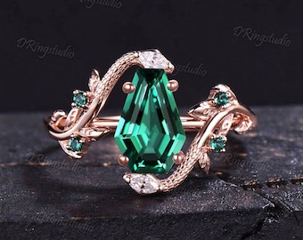 Solid Rose Gold Snake Engagement Ring Coffin Cut Emerald Twig Leaf Wedding Ring Moissanite Green Gemstone Serpent Ring Anniversary Gifts