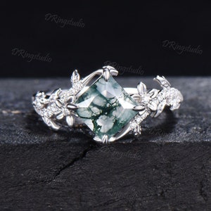 Unique Bypass Natural Moss Agate Ring Princess Cut Green Moss Engagement Ring Flower and Leaf Moissanite Wedding Ring Dainty Proposal Gifts