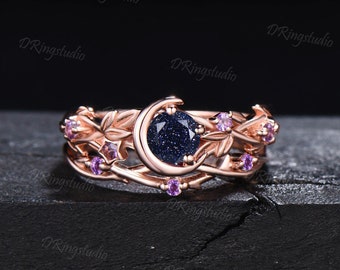 Mond-Stern-Design, Galaxieblauer Sandstein-Verlobungsring-Set, Zweigblatt-Ranke, Amethyst-Brautset, runder Sternenhimmel-Goldstein-Ring, Versprechensgeschenk