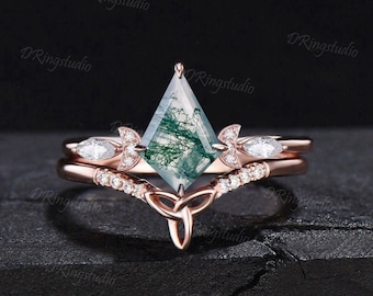 Celtic Engagement Ring Set Kite Cut Natural Moss Agate Wedding Ring Rose Gold Moissanite Cluster Bridal Set Green Moss Ring Proposal Gift