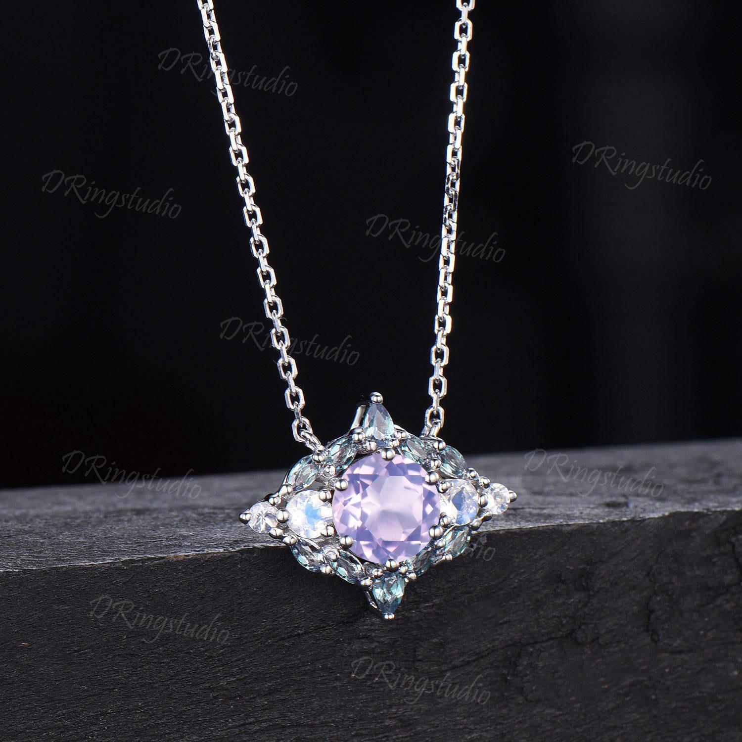 天然ラベンダーアメジストムーンストーンチャームネックレス 14K