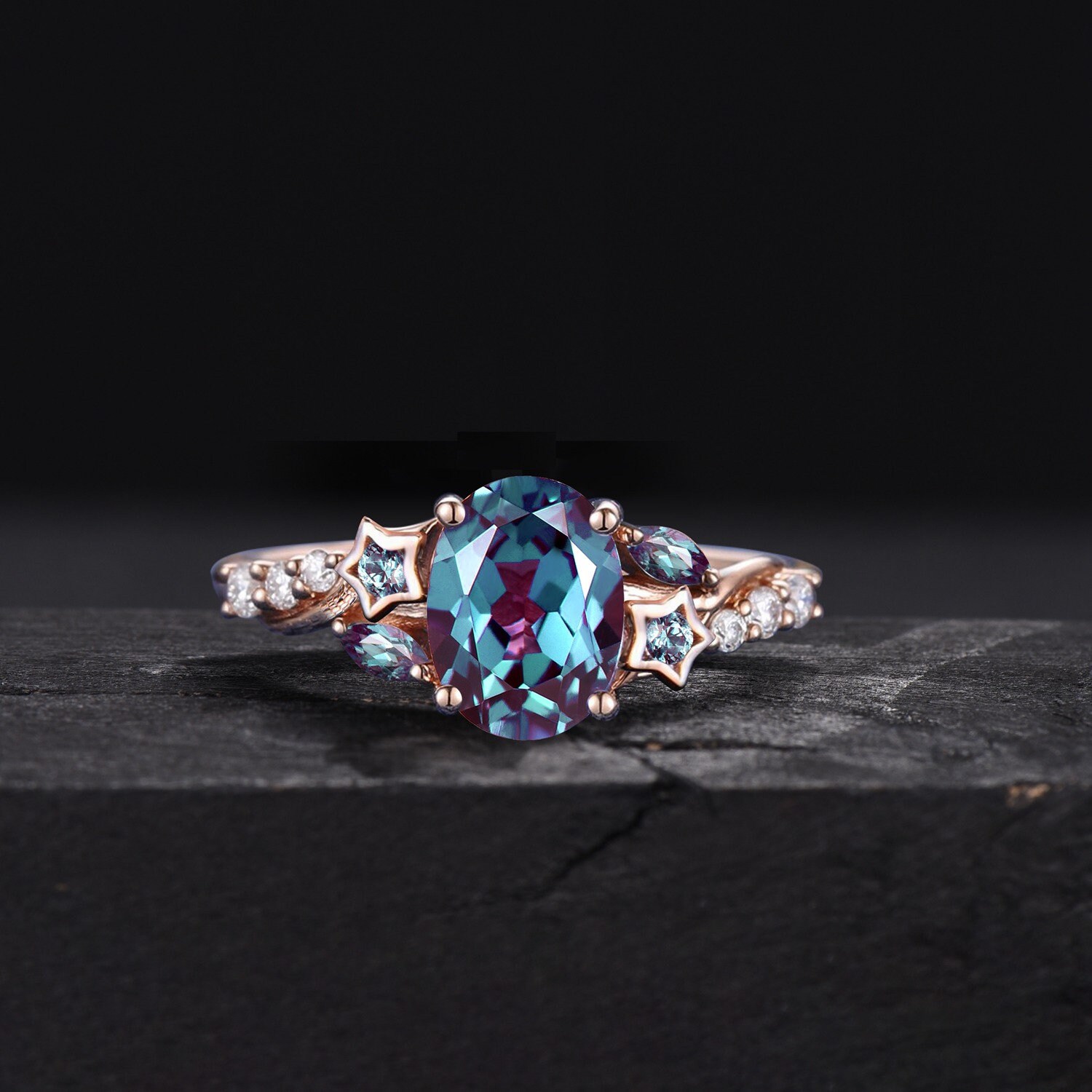 Vintage Alexandrite Engagement Ring Antique Oval Wedding Ring 14k