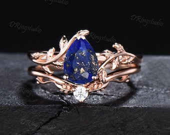 Natural Lapis Lazuli Engagement Ring Set Vintage Lapis Gold Ring Pear Shaped Promise Rings Blue Lapis Jewelry Antique Noble Gift for Women