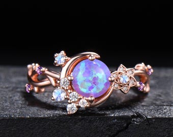 6mm Round Cut Lavender Opal Moonstone Cluster Ring Rose Gold Crescent Moon Amethyst Engagement Ring Women Leaf Star Purple Opal Ring for Her