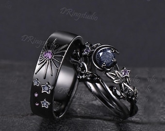 Gothic Sun And Moon Galaxy Blue Sandstone Couple Ring Set Black Gold Celestial Matching Wedding Band Set Nebula Promise Ring Proposal Gift