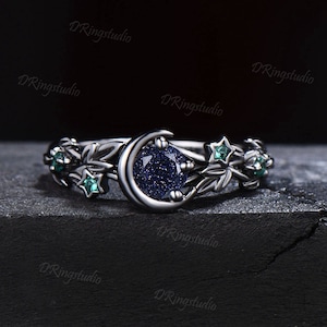 Black Gold Round Blue Sandstone Ring Nature Style Leaf Band Emerald Engagement Ring Crescent Moon Galaxy Goldstone Wedding Ring Women Gifts