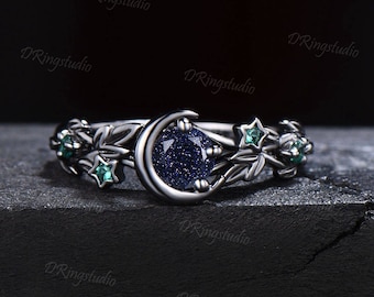 Black Gold Round Blue Sandstone Ring Nature Style Leaf Band Emerald Engagement Ring Crescent Moon Galaxy Goldstone Wedding Ring Women Gifts