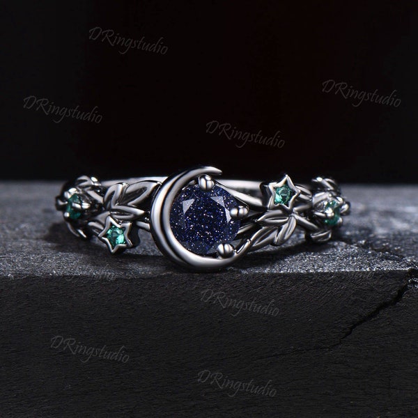 Black Gold Round Blue Sandstone Ring Nature Style Leaf Band Emerald Engagement Ring Crescent Moon Galaxy Goldstone Wedding Ring Women Gifts