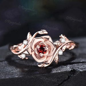 Nature Inspired Floral Wedding Ring 14k Rose Gold Red Ruby Moissanite Engagement Ring Twig Leaf Promise Ring Anniversary Bridal Gift for Her