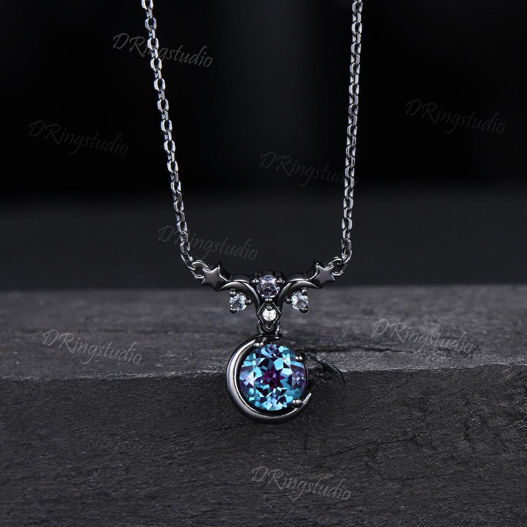 Black Moon Color-change Alexandrite Necklace Gothic 14k Black Gold Moon ...