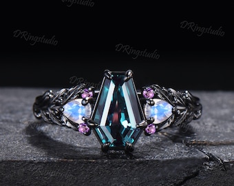 Coffin Cut Alexandrite Engagement Ring Leaf Design Nature Inspired Amethyst Wedding Ring For Women Black Gold Alexandrite Moonstone Ring