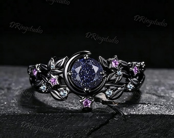 Galaxy Round Blue Sandstone Engagement Ring Crescent Moon Star Amethyst Ring Black Gold Leaf Alexandrite Wedding Ring Set Proposal Gift