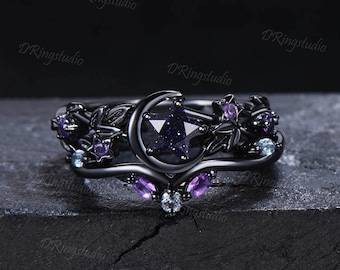 Black Moon Star Cut Blue Sandstone Engagement Ring Gothic Black Gold Galaxy Nebula Ring Nature Inspired Star Shape Goldstone Bridal Ring Set