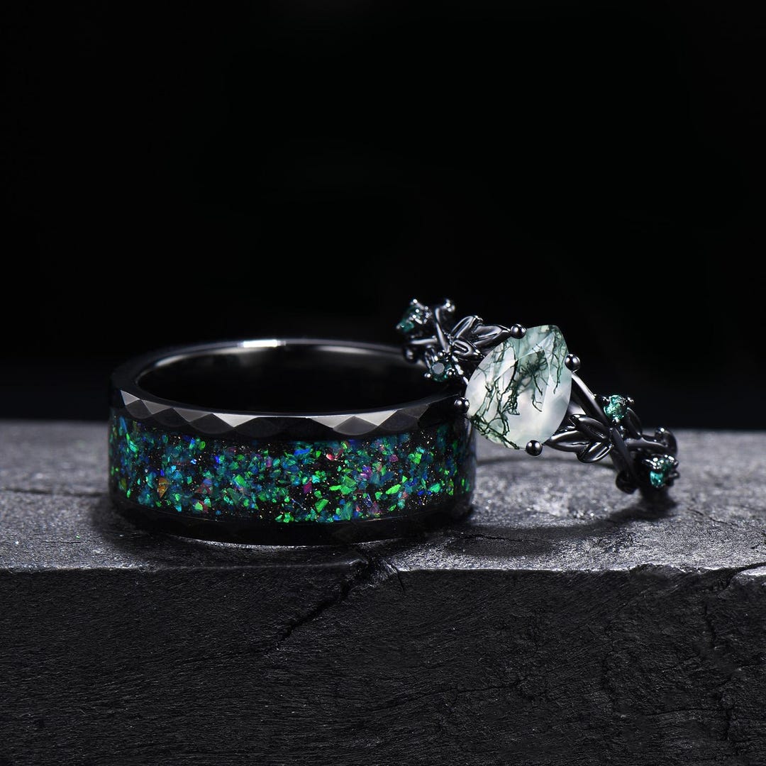 Pear Moss Agate Couple Rings Set Gothic Black Gold Twig Engagement