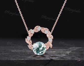 Elegant halsband med krans i roséguld, naturinspirerat runt halsband med mossagat, grenblad, vinranka, kedja, jubileumspresent till henne