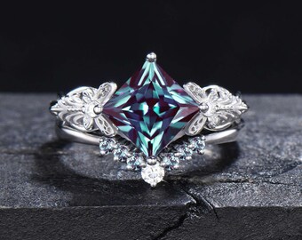 Butterfly Alexandrite Engagement Ring Set 1.2CT/2CT/3CT Princess Cut Alexandrite Ring Solid Gold Moissanite Filigree Wedding Ring Women Gift