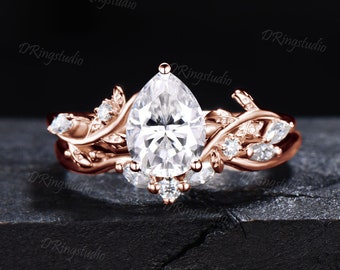 14k oro ramita pera en forma de moissanita anillo de boda conjunto rama hoja racimo moissanita anillo de compromiso lágrima anillo nupcial regalo de aniversario
