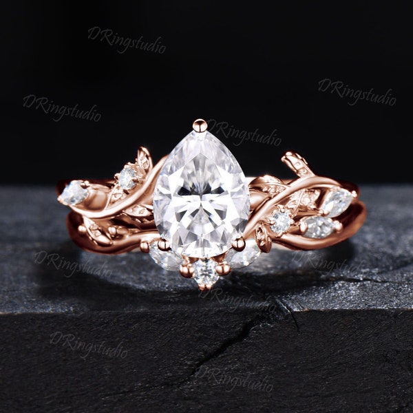 14k Gold Twig Pear Shaped Moissanite Wedding Ring Set Branch Leaf Cluster Moissanite Engagement Ring Teardrop Bridal Ring Anniversary Gift