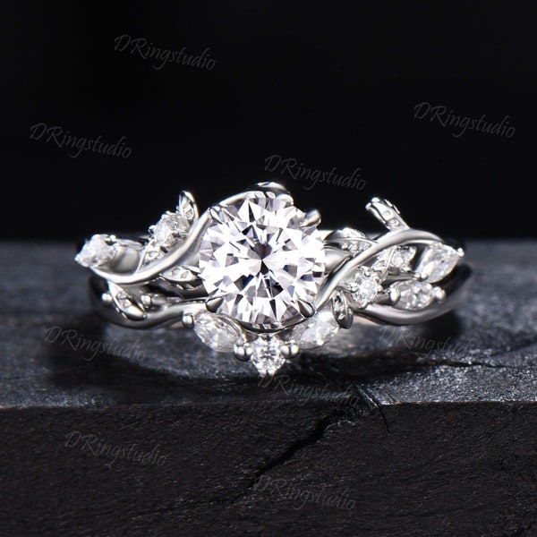 Nature Inspired Moissanite Engagement Ring Set 1ctw 6.5mm Round Cut Moissanite Diamond Cluster Wedding Ring Set Leaf Vine Branch Bridal Set