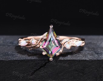 Magical Mystic Topaz Engagement Ring Rose Gold Kite Cut Mystic Rainbow Topaz Ring Twig Leaf Vine Opal Wedding Ring Nature Ring Proposal Gift