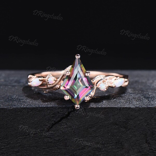 Magical Mystic Topaz Engagement Ring Rose Gold Kite Cut Mystic Rainbow Topaz Ring Twig Leaf Vine Opal Wedding Ring Nature Ring Proposal Gift