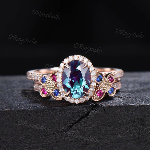 Vintage ovaal geslepen Alexandrite verlovingsring set 14K Rose Gold Butterfly trouwring Halo Moissanite bruidsset saffier Ruby voorstel ring