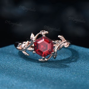 1ct Hexagon Cut Ruby Gemstone Jewelry 10K/14K/18K Rose Gold Twig Leaf Ruby Engagement Rings Anniversary Ring For Women July Birthstone Gift