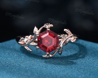 1ct Hexagon Cut Ruby Gemstone Jewelry 10K/14K/18K Rose Gold Twig Leaf Ruby Engagement Rings Anniversary Ring For Women July Birthstone Gift