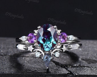 Unieke 1,5 kt ovale kleurverandering Alexandrite Moon Star verlovingsring set witgouden wassende maan trouwring stapel geboortesteen juni cadeau