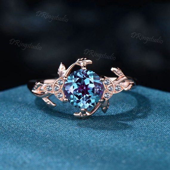Antique Round Alexandrite Engagement Ring Nature Inspired June Birthstone Bridal Ring Gold Celtic Wedding Ring Branch Leaf Ring Promise Gift