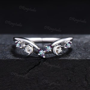 Unique Marquise Alexandrite Wedding Band Sterling Moon Moissanite Matching Band Minimalist Chevron Curved Stacking Band Proposal Women Gifts