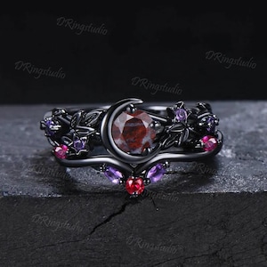 Anello di fidanzamento da donna con stella di luna nera, pietra di diaspro, set di anelli unici con foglia naturale in oro nero, ametista e rubino, anelli impilabili con pietra di diaspro naturale.