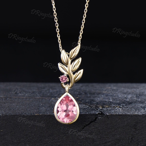 Pear Shaped Pink Sapphire Necklace 14k/18k Yellow Gold Leaf Necklace Greek Olive Leaf Padparadscha Sapphire Wedding Olive Tree Leaf Pendant