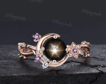 Crescent Moon Natural Black Star Sapphire Ring Cluster Amethyst Moissanite Rose Gold Engagement Ring Twig Vine Lindy Star Ring Gift For Her