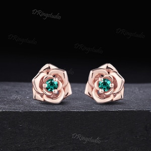Dainty Floral Round Green Emerald Studs Minimalist Flower Blossom Stud Earrings Solid Rose Gold May Birthstone Earrings Wedding Bride Gift