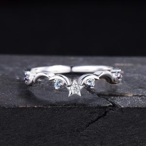 Unique Moon Star Curved Wedding Band Celestial Moon Alexandrite Moissanite Matching Band Sterling Silver Stacking Wedding Band Promise Gift