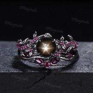 Floral Round Black Star Sapphire Engagement Ring Set Gothic Black Gold Leaf Vine Ruby Bridal Ring Natural Black Lindy Star Ring Promise Gift