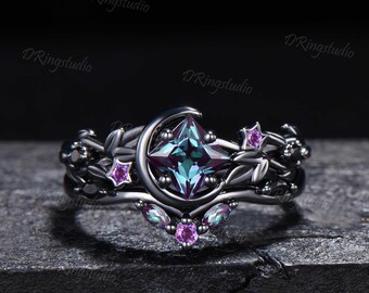 Gothic Black Moon Princess Cut Alexandrite Bridal Ring Set Nature Twig Leaf Amethyst June Birthstone Withcy Engagement Ring Gift For Her