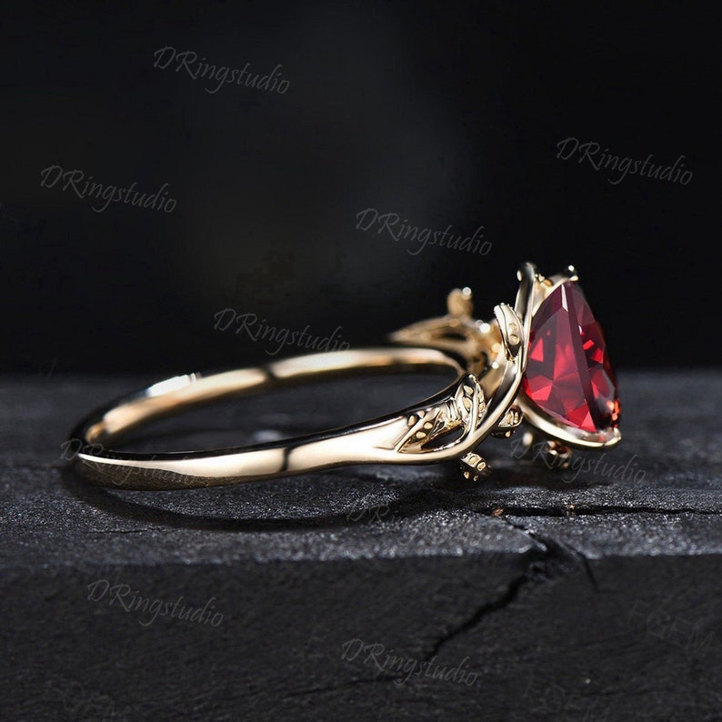 1.25ct Pear Shaped Ruby Gemstone Jewelry 14K Yellow Gold Twig Leaf Ruby Engagement Rings Anniversary Ring For Women July Birthstone Gift image 4