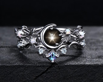 Crescent Moon Black Star Sapphire Silver Engagement Ring Opal Alexandrite Leaf Star Wedding Ring Set Natural Lindy Sapphire Ring for Her