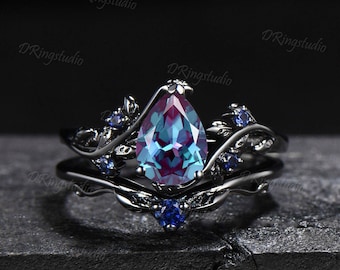 Black Gold Teardrop Alexandrite Engagement Ring Set Black Twig Leaf Wedding Ring Nature Inspired Blue Sapphire Bridal Set Gothic Ring Gift