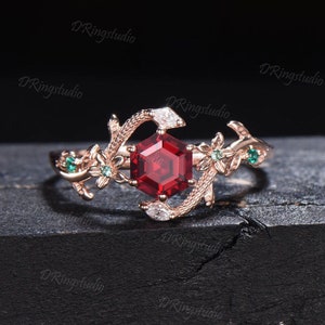Nature Inspired Hexagon Ruby Engagement Ring Dainty Snake Ring Floral Ruby Emerald Wedding Ring Branch Leaf Ring July Birthstone Women Gifts
