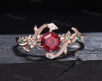 Nature Inspired Hexagon Ruby Engagement Ring Dainty Snake Ring Floral Ruby Emerald Wedding Ring Branch Leaf Ring July Birthstone Women Gifts