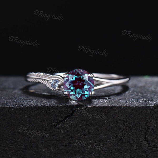 14k White Gold Feather Engagement Ring 0.5ct Round Color-change Alexandrite Ring Engraved Peacock Feather Ring June Birthstone Wedding Ring