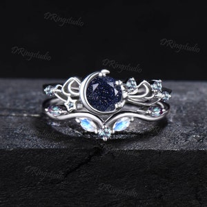 Celestial Galaxy Blue Sandstone Engagement Ring Moon Star Round Blue Goldstone Moonstone Bridal Set Unique Bowknot Ring Promise Women Gifts