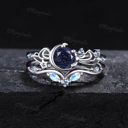 Celestial Galaxy Blue Sandstone Engagement Ring Moon Star Round Celestial Galaxy Blue Sandstone Engagement Ring Moon Star Round