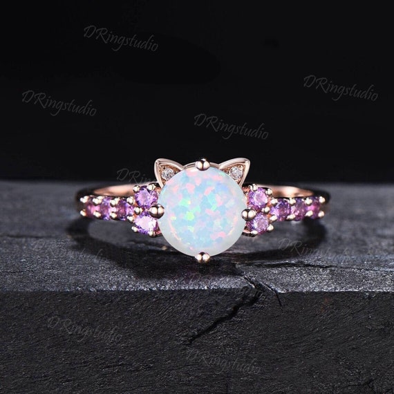 猫の婚約指輪 7mm ラウンド ホワイトオパール 結婚指輪 ローズゴールド 